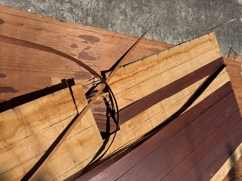 A split rafter photographed from inside the attic